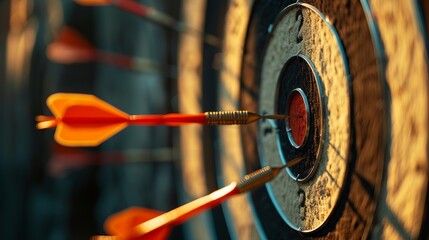 A bullseye target or dartboard features a red dart arrow hitting the center, symbolizing aiming for business targets and achieving goals. This represents winning strategies 