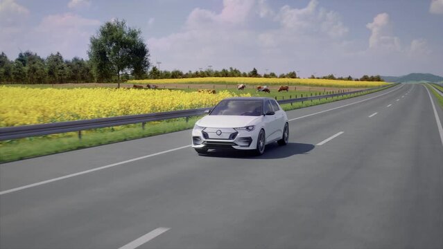 Generic autonomous electric car driving along highway through countryside with lush fields, solar panels and wind turbines in background. Renewable energy concept. 3d rendering animation