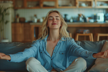 Obraz premium Woman Meditating On Couch In Living Room