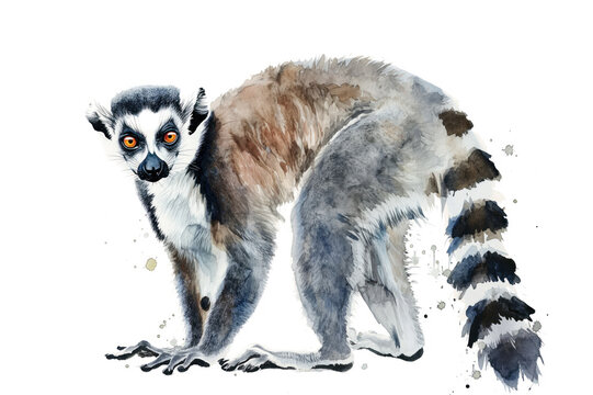 Lemur. Captivating watercolor rendition. Presented on pure white canvas. Artistic interpretation of fascinating wildlife. Fusion of abstract and realistic elements