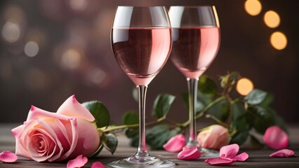Two Glasses of Champagne with Pink Roses, Blurred Background - Valentine's Day, Prom Concept