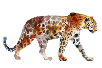 Leopard. Authentic watercolor style. Set against a clean white backdrop. Unique artistic portrayal of nature's wonder. Blend of abstract flair and lifelike details