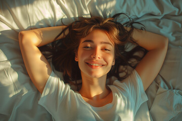 Fototapeta premium Young Woman Lying On White Bedding Smiling at Camera
