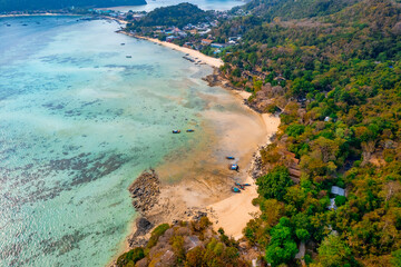 Aerial view big low tide in sea Phi Phi island, Thailand