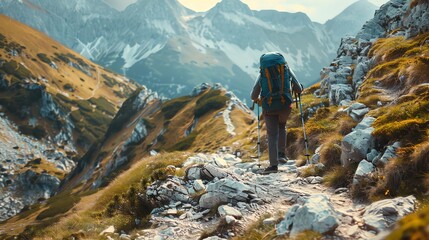 A lone hiker traverses a rocky mountain path, the rugged landscape stretching out before them.
