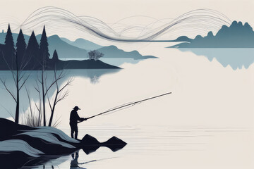 Silhouette of a lone fisherman casting his line into the river.