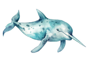 Fototapeta premium Narwhal. Captivating watercolor rendition. Presented on pure white canvas. Artistic interpretation of majestic marine creature. Fusion of abstract and realistic elements.