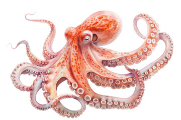 Octopus. Authentic watercolor style. Set against a clean white backdrop. Unique artistic portrayal of underwater beauty. Blend of abstract flair and lifelike details.