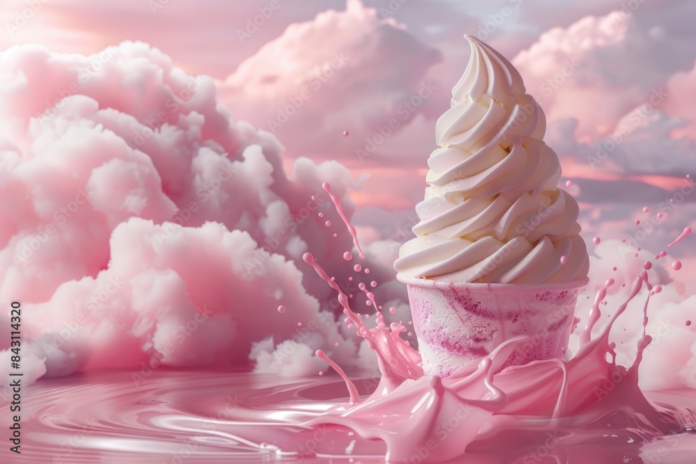 Aufkleber a single scoop of ice cream with a bright pink bow wrapped around the cone, perfect for a sweet trea