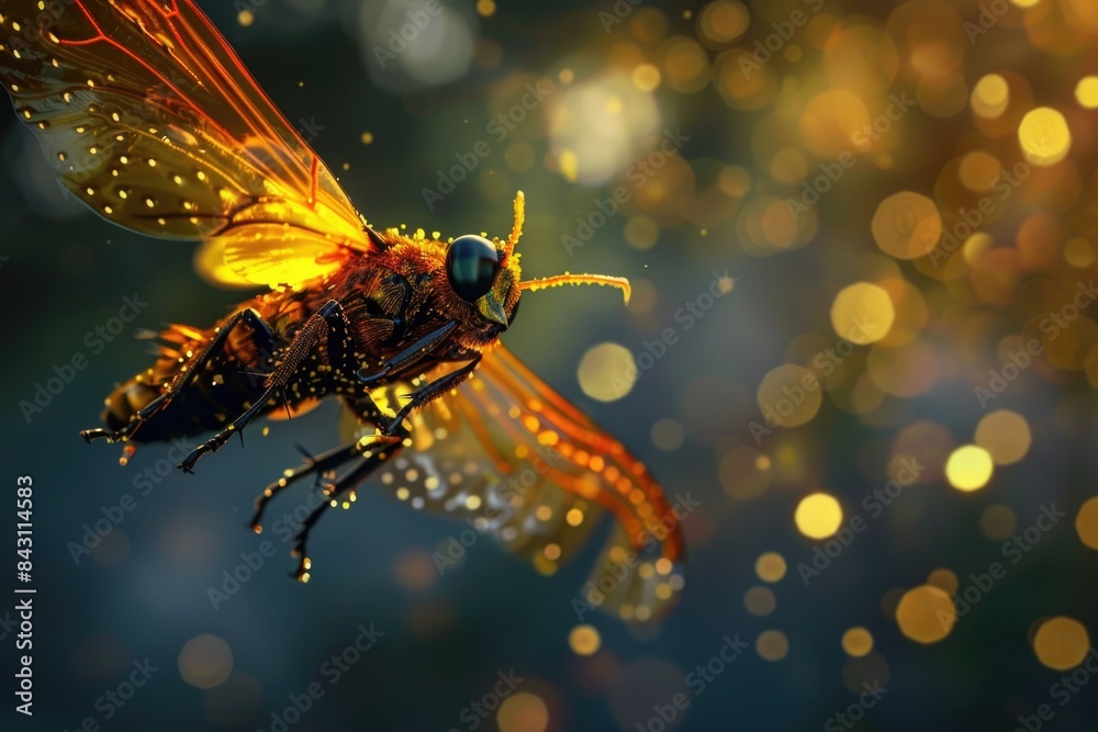 Poster a close-up view of a dragonfly flying through the air