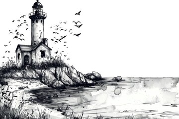 Fototapeta premium A black and white illustration of a lighthouse surrounded by birds, suitable for use in illustrations, designs, or as a decorative element