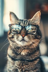 A close-up shot of a cat wearing glasses, great for pet or animal-related images