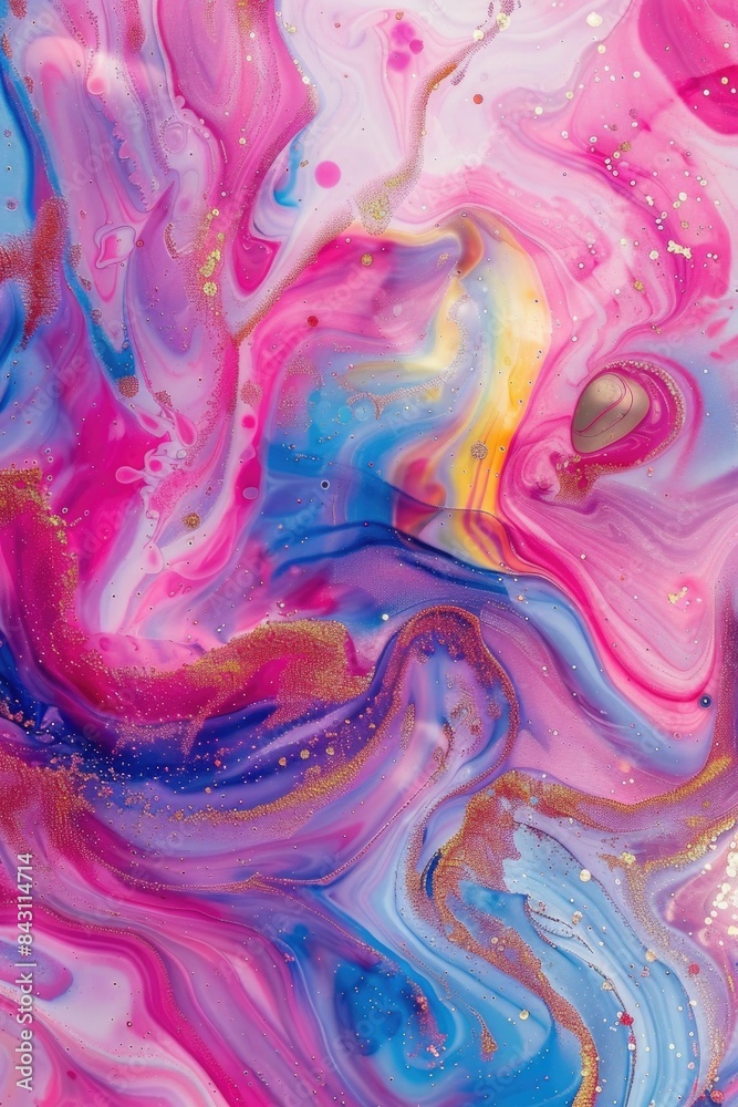 Poster a detailed view of a mixed media artwork featuring pink and blue colors, suitable for use in design 