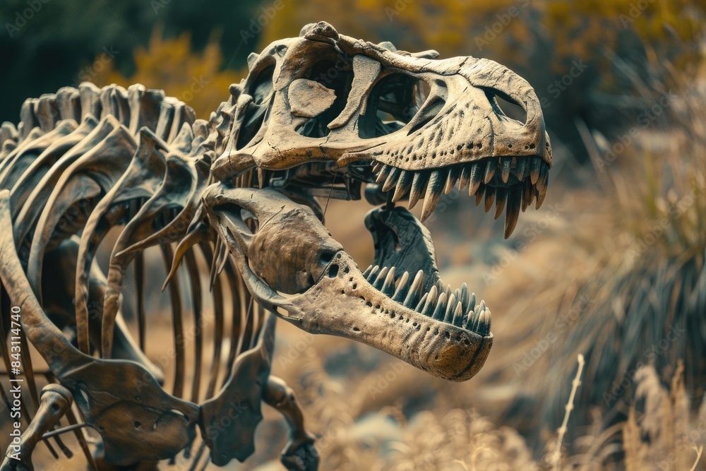 Poster A close-up view of a dinosaur skeleton with detailed bones and fossils