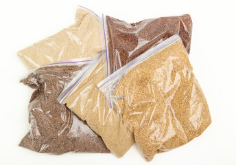 Cereals in bags on a white background