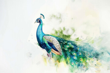 Peacock. Vibrant watercolor illustration style. Standing out on a white backdrop. Artistic interpretation of nature's elegance. A fusion of abstract strokes and lifelike charm