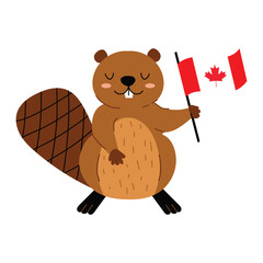 Cute beaver holding Canadian flag. National holiday Knada Day. Vector illustration. White isolated background. © Hanna Bykova