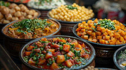 Assorted colorful dishes with various ingredients in bowls, Generative AI