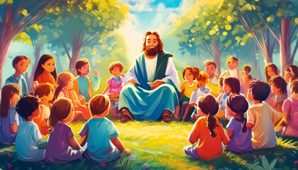 Jesus Christ speaking, telling a story to a group of children sitting in front of him