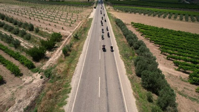 motorcyclists on the road, drone footage, Harley Davidson, fa01