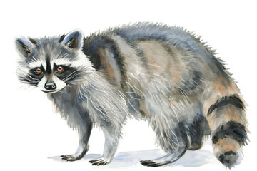 Obraz premium Watercolor illustration of a raccoon, isolated on a white background. Conceptual wildlife animal art that merges abstract brush strokes with realistic touches, creating a captivating and artistic