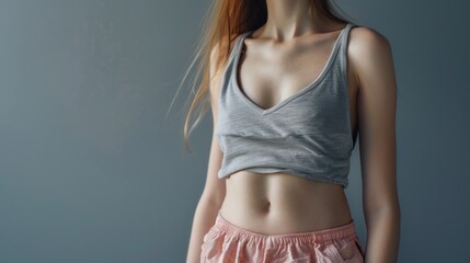 A woman in a gray top and pink shorts posing outdoors