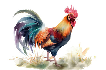 Rooster. Watercolor illustration style. Isolated on a pure white background. Creative and conceptual wildlife animal art. Abstract brush strokes with realism. Suitable for various print or digital pro