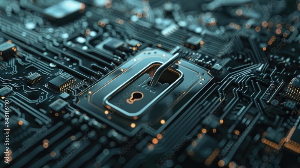 Poster A close-up shot of a circuit board featuring a lock, potentially used for securing electronic devices or controlling access to sensitive information