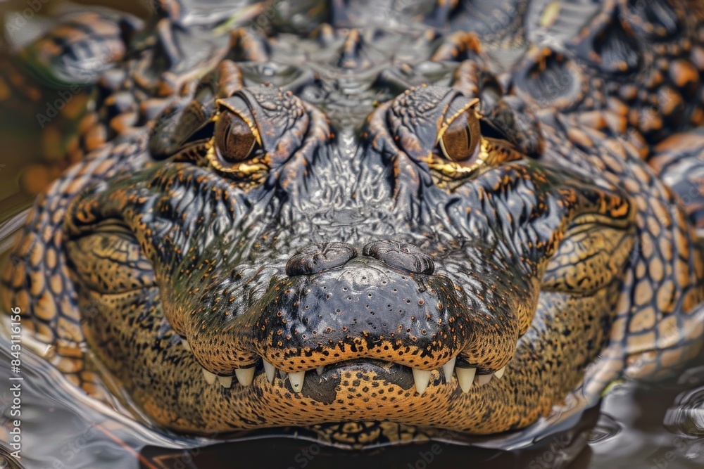 Poster a close-up view of an alligator's head submerged in the water