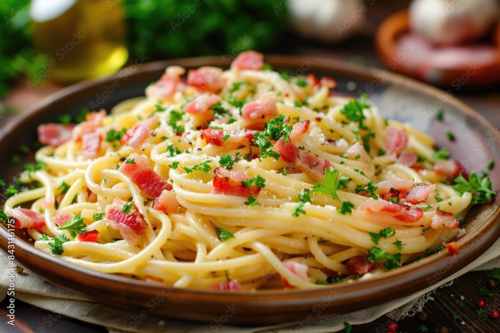 Poster a plate of spaghetti topped with crispy bacon and fresh parsley, ready for a satisfying meal