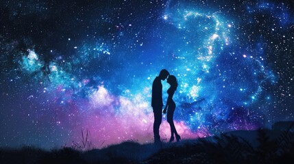 Obraz premium A couple standing together, gazing up at the stars in the galaxy