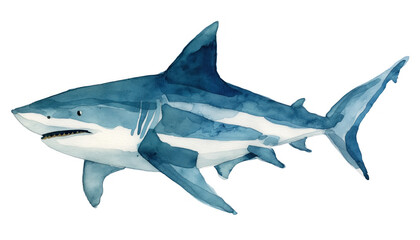 Naklejka premium Watercolor shark illustration in a unique style, standing out against a white background. This wildlife animal art piece combines abstract brush strokes with touches of realism