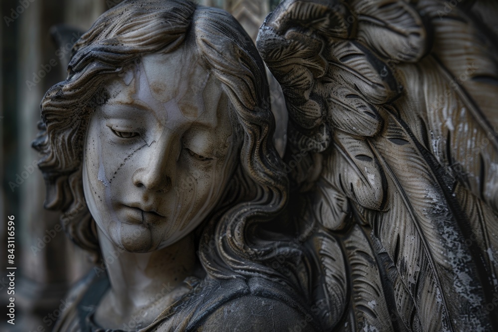 Poster a detailed view of an angel's face on a statue, suitable for use in religious or inspirational conte