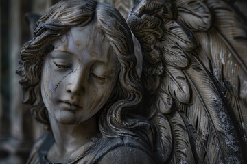 Naklejka premium A detailed view of an angel's face on a statue, suitable for use in religious or inspirational contexts