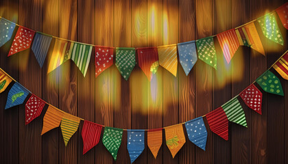 Dark wooden wall with triangular June festival flags, country side, with reflection of lights. Traditional Brazil.