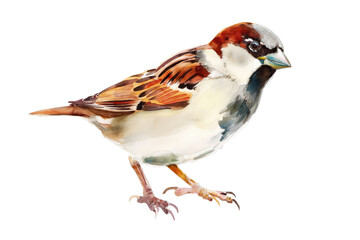 Sparrow portrayed in watercolor illustration style, skillfully isolated on a white backdrop. An imaginative representation of wildlife, blending abstract brush strokes with subtle realism. 