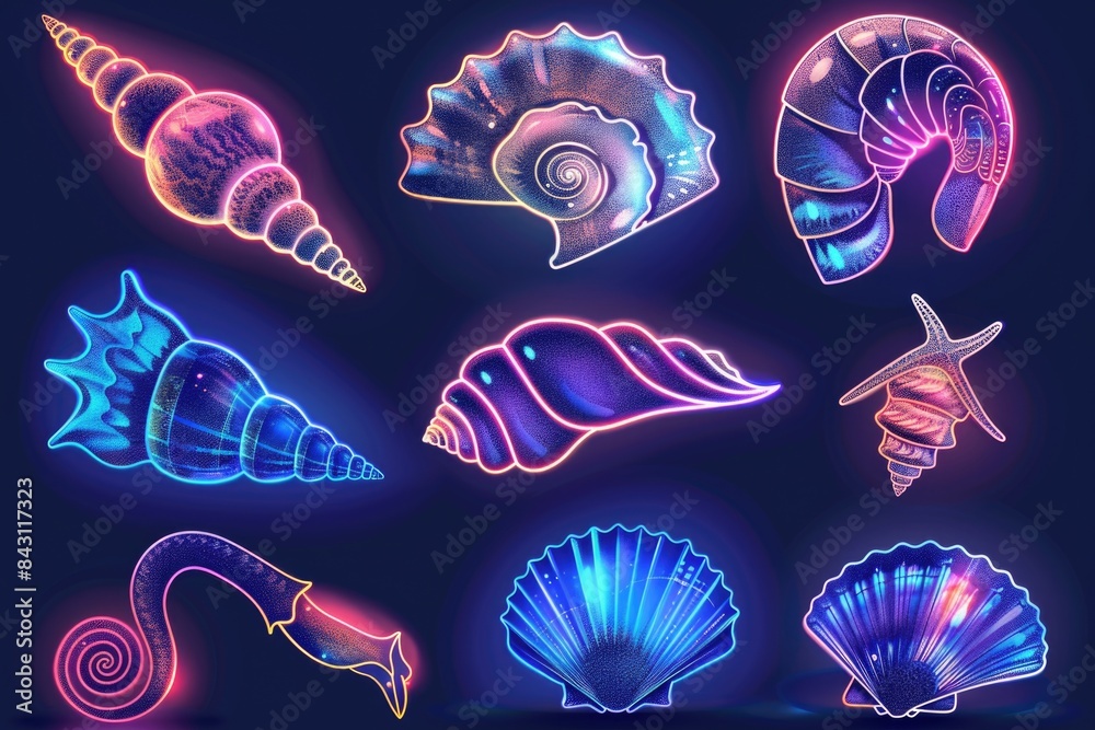 Poster neon signs featuring various types of seashells