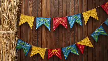 Illustration with redneck and straw party flags, Festa Junina, wooden background.