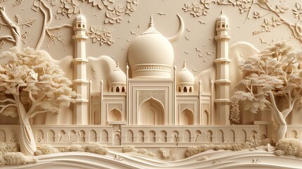 Beautiful mosque 3d relief wallpaper. Mural wallpaper. Wall art. AI generated illustration.