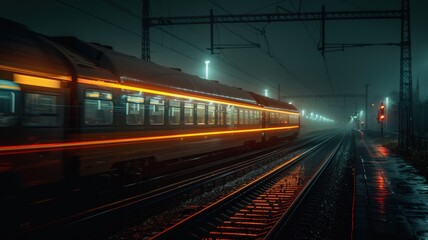 Naklejka premium Blurry image of a moving train on tracks at night with illuminated windows, under a dark, foggy sky with bright overhead lights.