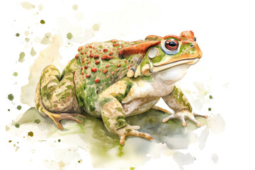 Obraz premium Illustration of a toad in watercolor style, isolated on a white background. This creative wildlife art piece uses abstract brush strokes with realistic elements. Ideal for enhancing any print or digit