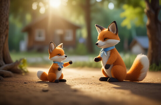 Cute mother fox with a fox cub on the edge of the forest in front of her house - Powered by Adobe