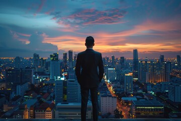 Silhouette of a man in a suit standing on a rooftop, overlooking a vibrant cityscape at sunset.