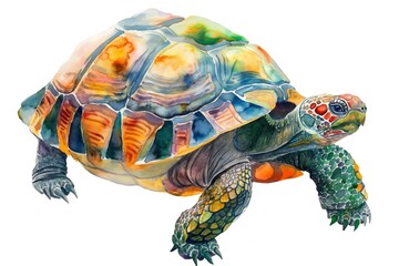 Fototapeta premium Watercolor tortoise illustration in a unique style, standing out against a white background. This wildlife animal art piece combines abstract brush strokes with touches of realism, making it perfect f