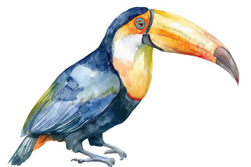 Fototapeta premium Watercolor toucan illustration in a unique style, standing out against a white background. This wildlife animal art piece combines abstract brush strokes with touches of realism, making it perfect for