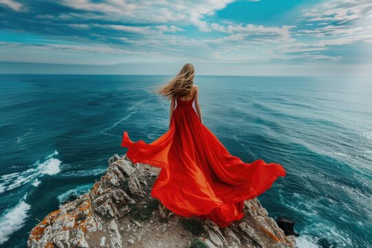 A woman in a long red dress stands on a cliff overlooking the ocean, perfect for travel or beach-themed images - Powered by Adobe