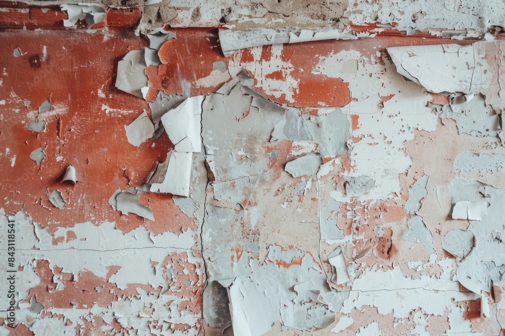 Poster a close-up of a red and white painted wall with peeling paint, suitable for use in interior design o