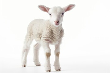 Obraz premium A young lamb standing on a white surface, often used in agriculture or animal-related context
