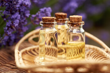 Three bottles of aromatherapy essential oil with fresh lavender