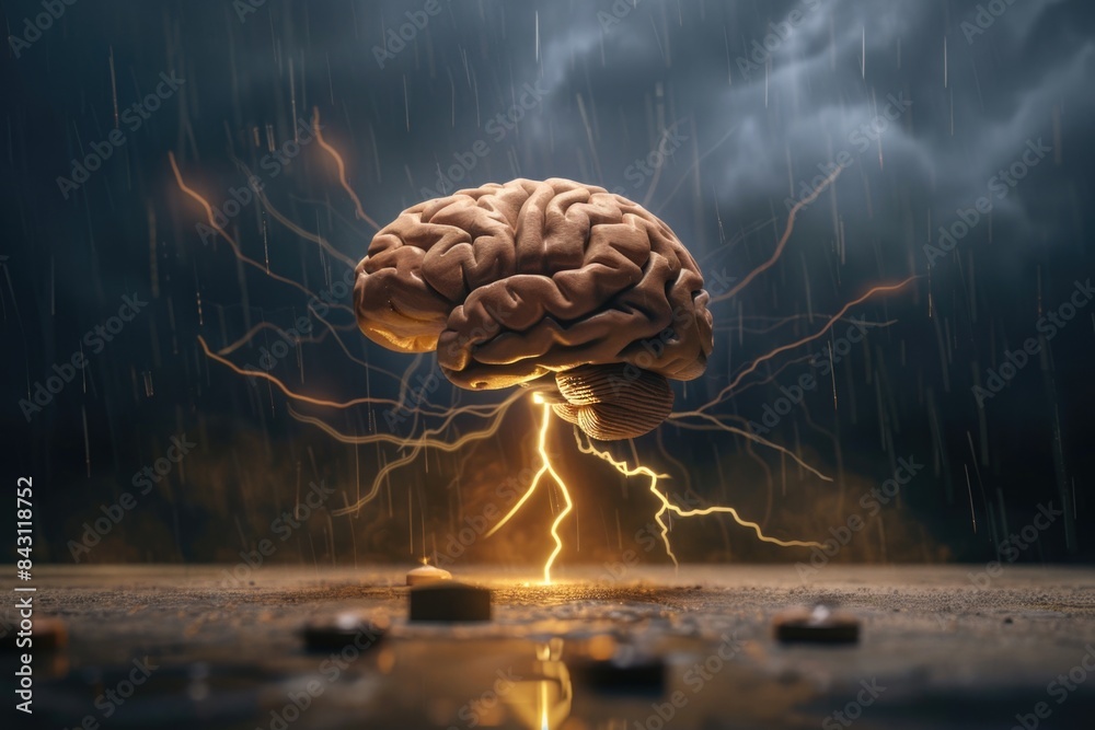 Poster a brain with lightning coming out of it